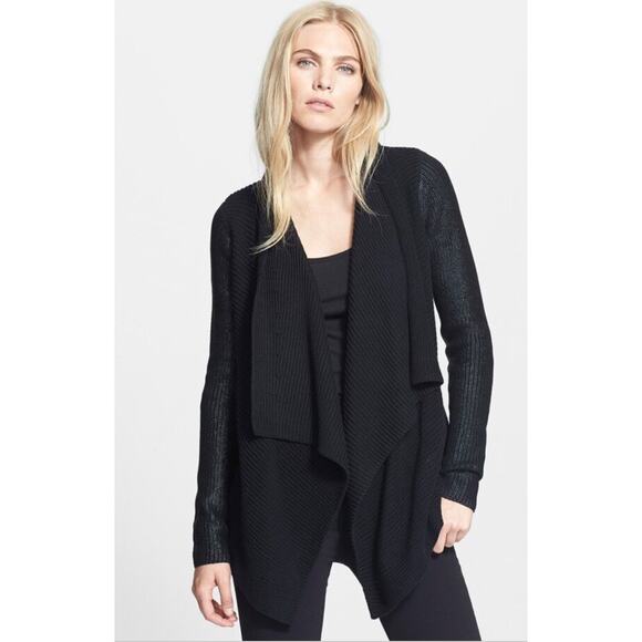 VINCE Black Metallic Knit Sleeve Draped Open Front Cotton Cardigan Sweater Sz XS - Picture 1 of 7